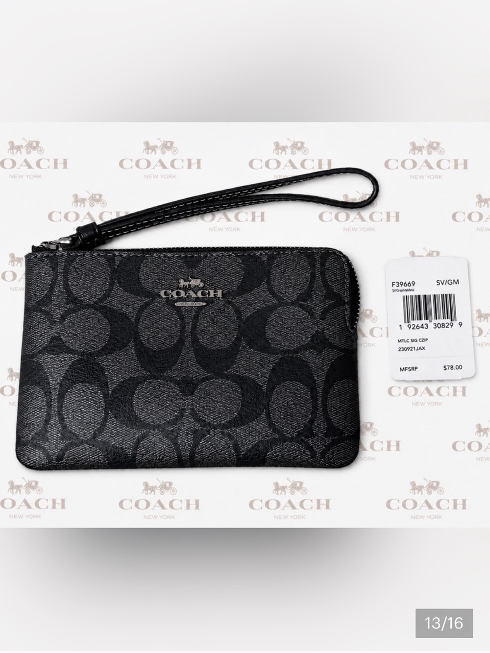 Coach Silver and Gunmetal Canvas Signature Metallic Zip Wristlet NWT (F39669)